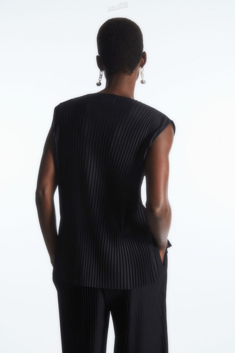 COS Plissé Sleeveless Top Women's Tops Dark Navy | GK85-Y7IX