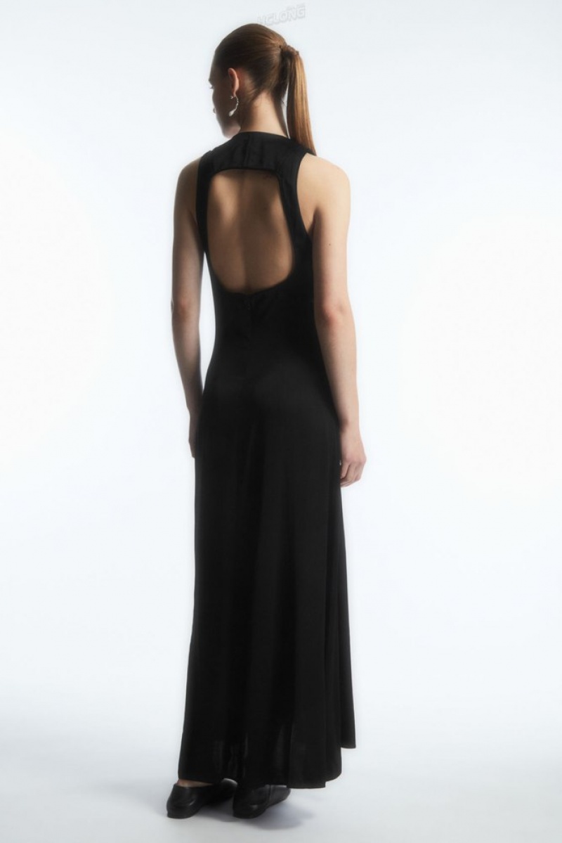 COS Plunge Open-Back Maxi Dress Women's Dresses Black | FE07-E3SP