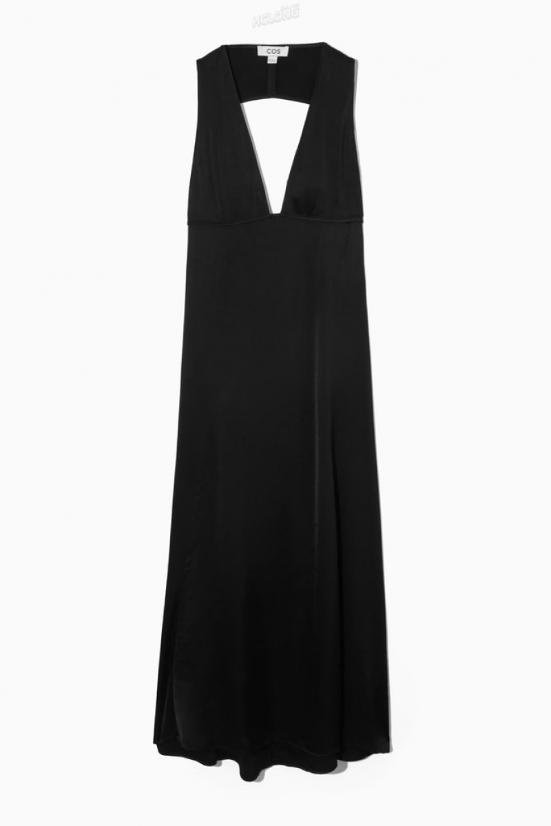 COS Plunge Open-Back Maxi Dress Women's Dresses Black | FE07-E3SP