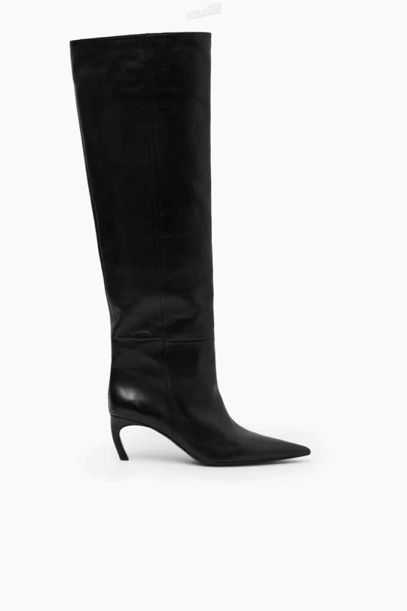 COS Pointed-Toe Leather Knee-High Boots Women's Boots Black | ET14-G1BE