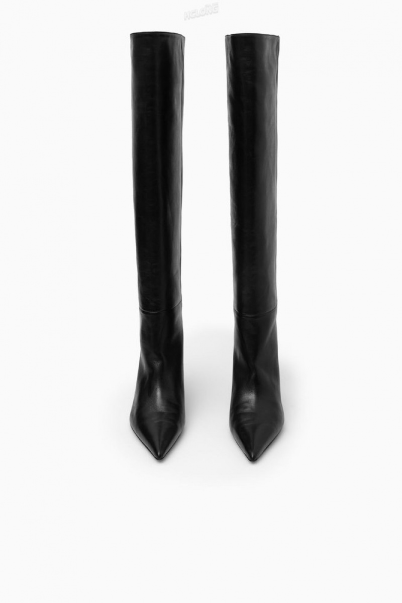 COS Pointed-Toe Leather Knee-High Boots Women's Boots Black | ET14-G1BE