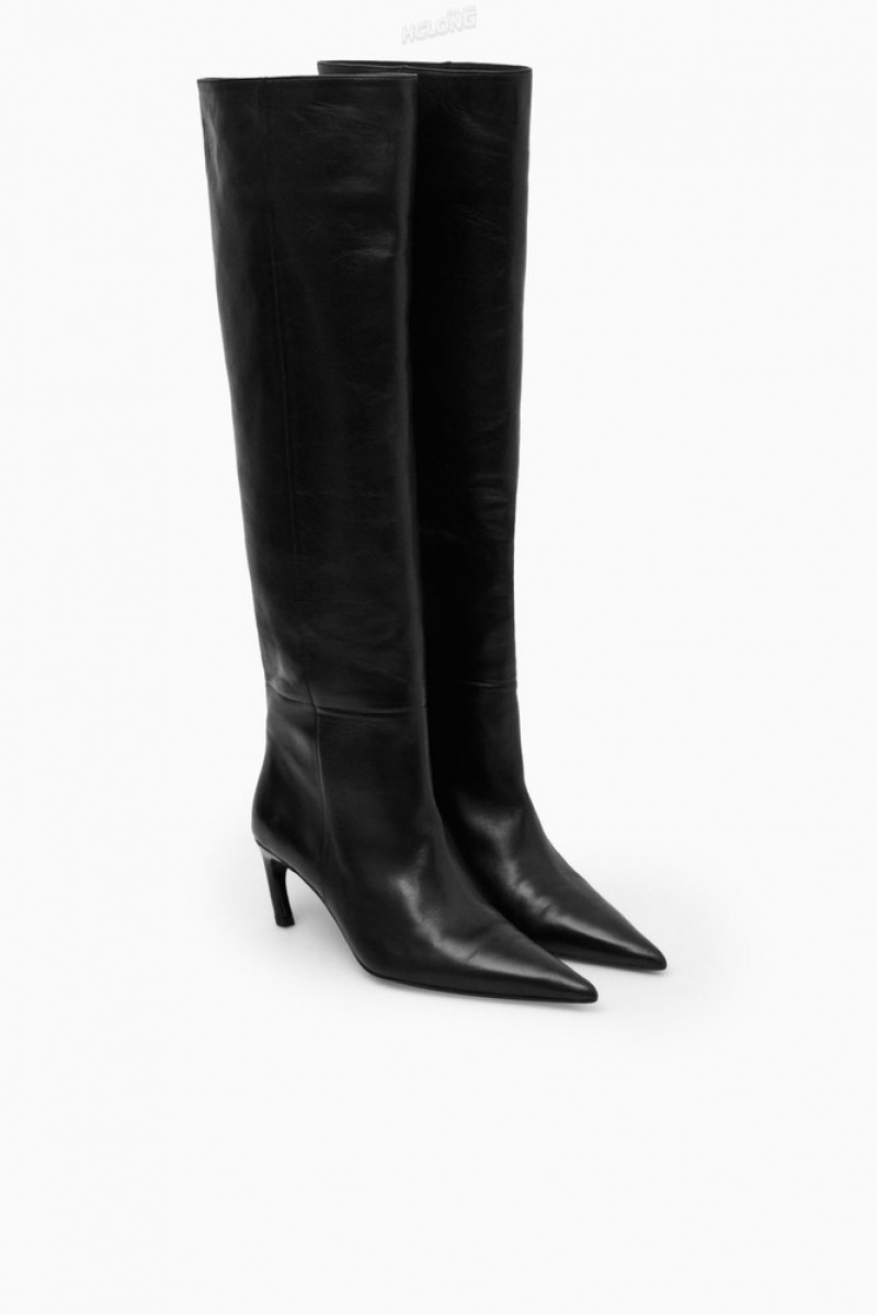 COS Pointed-Toe Leather Knee-High Boots Women's Boots Black | ET14-G1BE