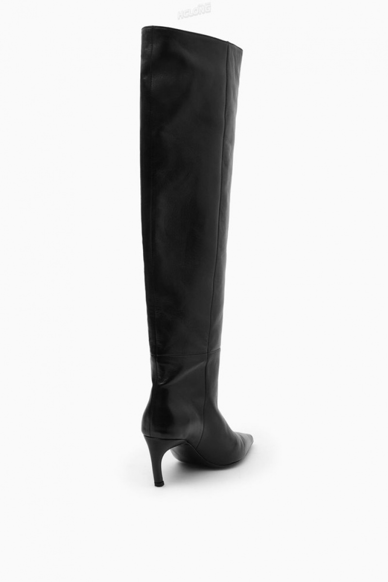 COS Pointed-Toe Leather Knee-High Boots Women's Boots Black | ET14-G1BE