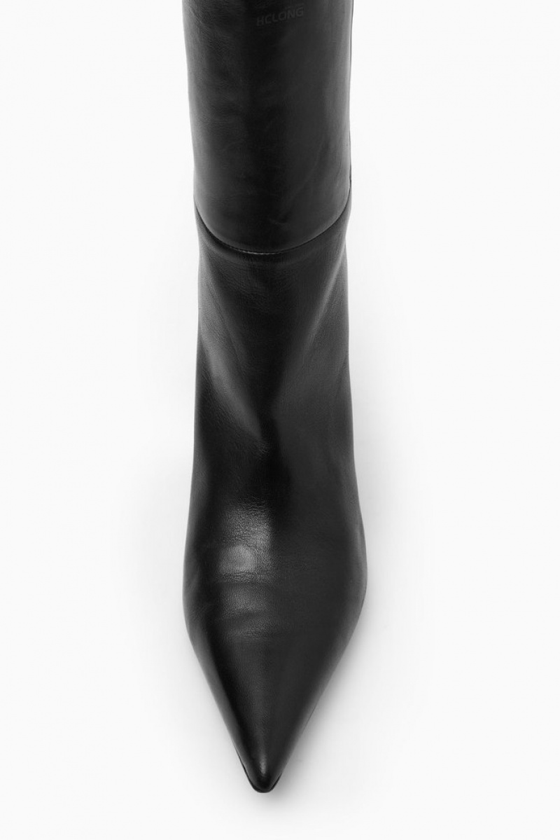 COS Pointed-Toe Leather Knee-High Boots Women's Boots Black | ET14-G1BE