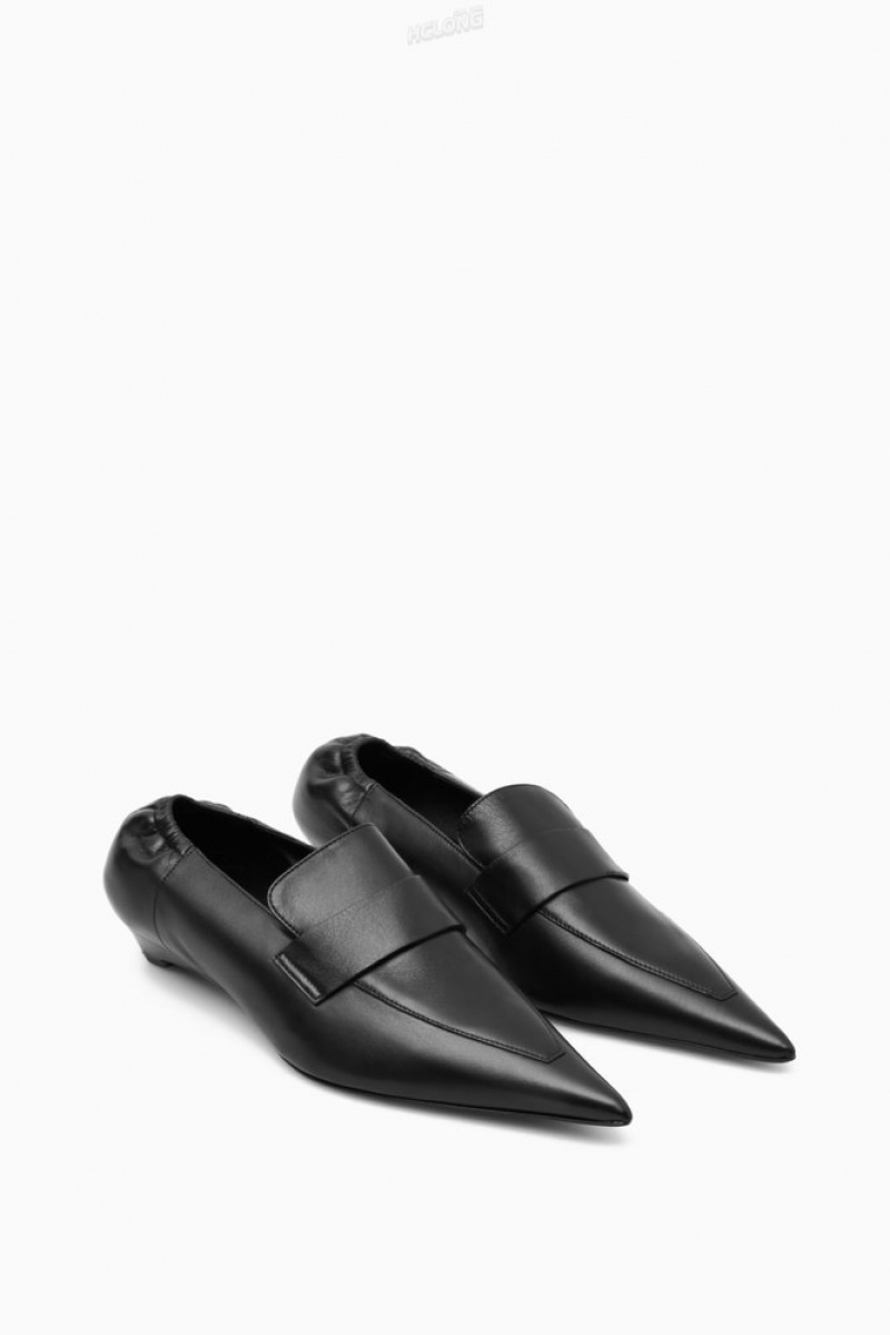 COS Pointed Leather Kitten-Heel Loafers Women's Loafers Black | CC92-D6ZS