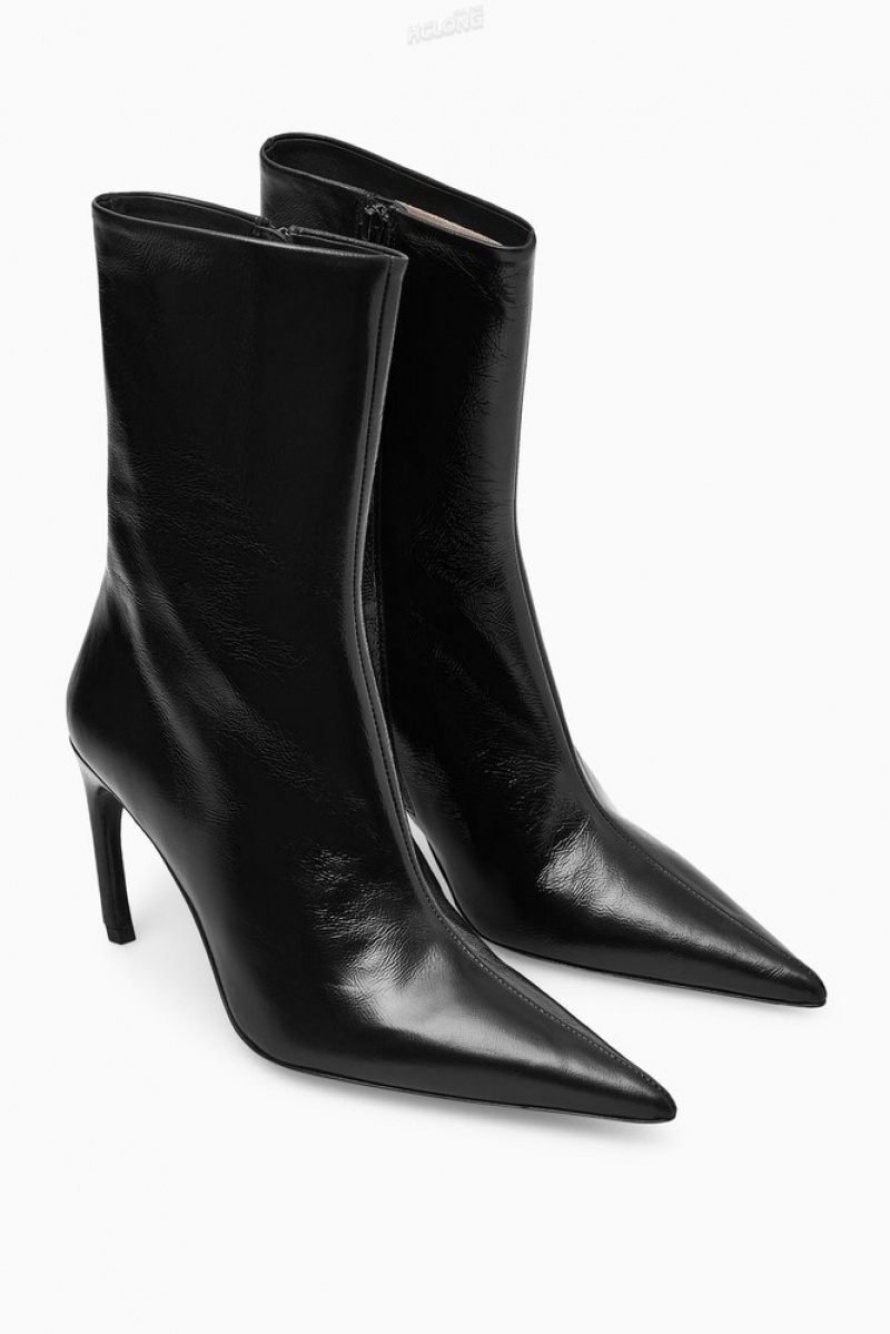 COS Pointed Patent-Leather Ankle Boots Women's Boots Black | FZ14-G5SL