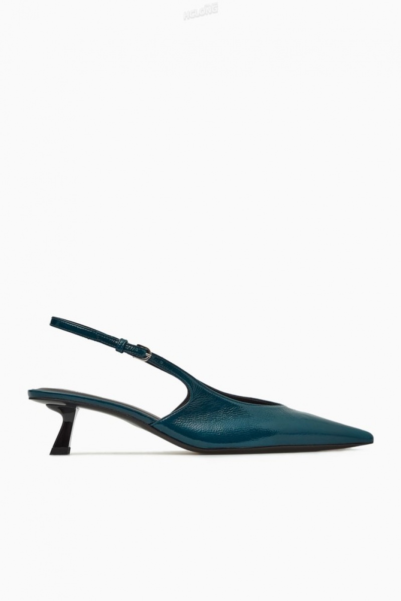 COS Pointed Slingback Kitten Heels Women's Heels Dark Turquoise | PH91-M5GW