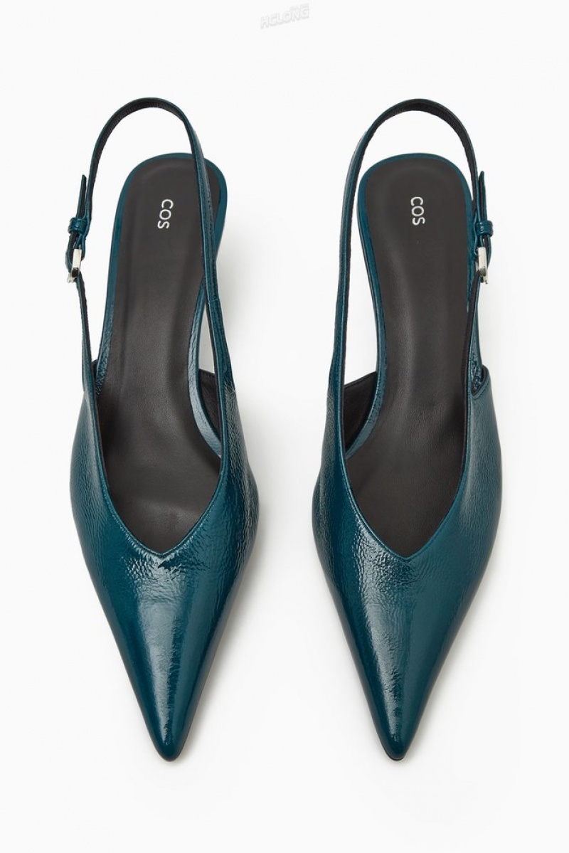 COS Pointed Slingback Kitten Heels Women's Heels Dark Turquoise | PH91-M5GW