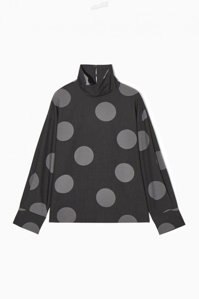 COS Polka-Dot Deconstructed High-Neck Blouse Women's Shirts & Blouses Gray / Polka-Dot | KA92-C4UV