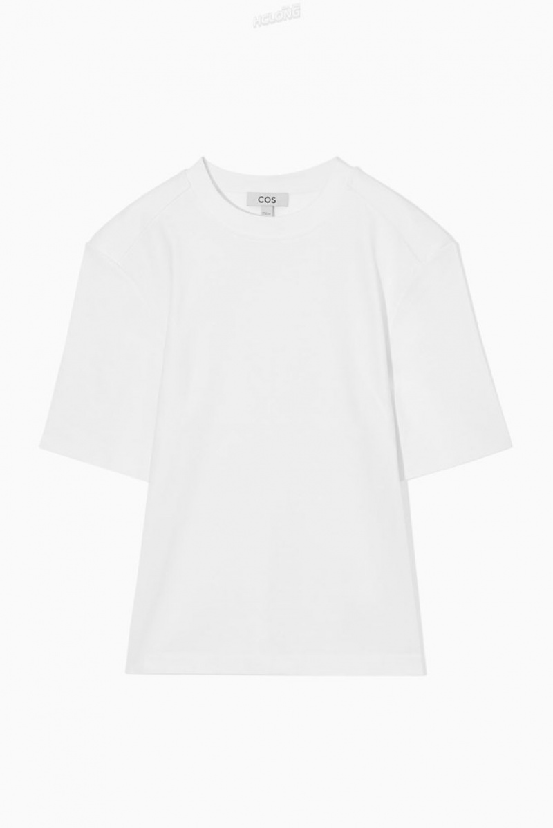 COS Power-Shoulder Waisted T-Shirt Women's T-shirts White | BF78-G4LC