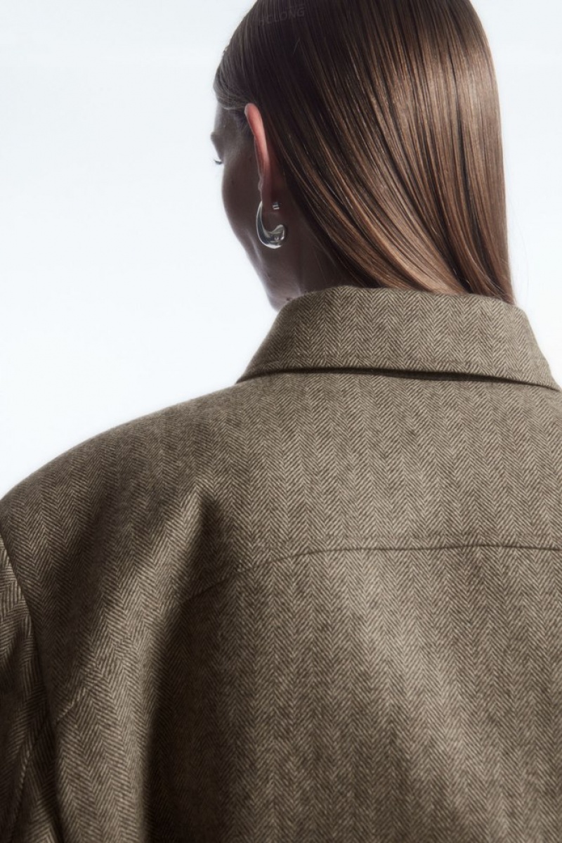 COS Power-Shoulder Wool-Herringbone Jacket Women's Coats & Jackets Light Brown | CH91-A4BN