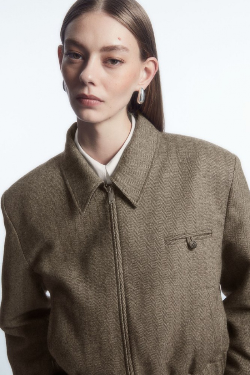 COS Power-Shoulder Wool-Herringbone Jacket Women's Coats & Jackets Light Brown | CH91-A4BN