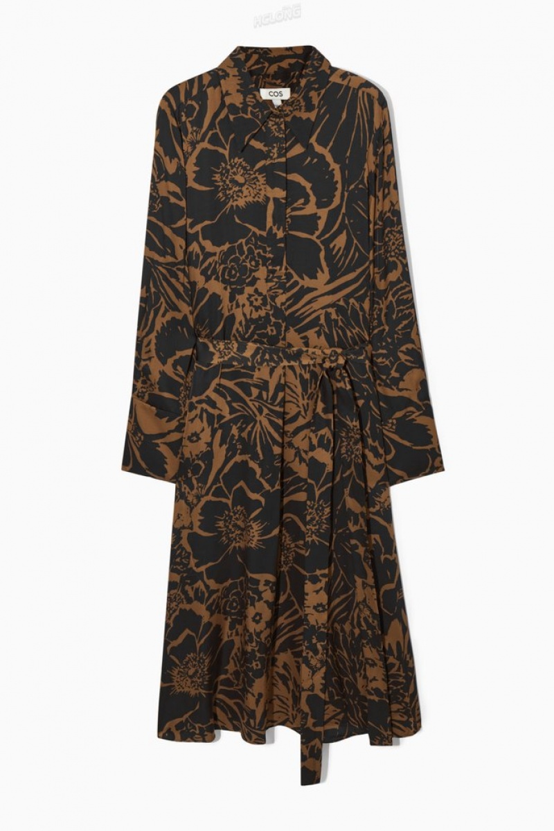 COS Printed Midi Shirt Dress Women's Dresses Brown / Orange / Striped | BG25-F7PK