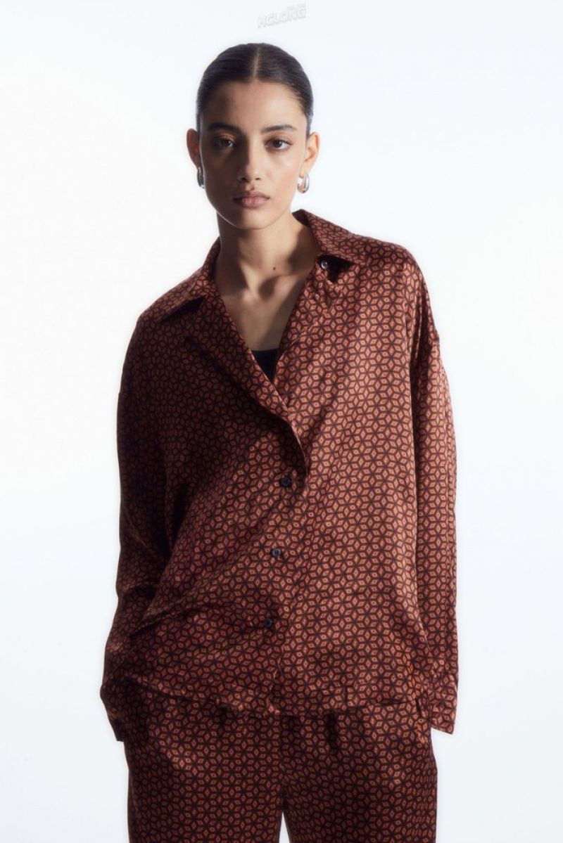 COS Printed Pure Silk Pyjama Shirt Women's Shirts & Blouses Rust / Printed | SR25-A6DP