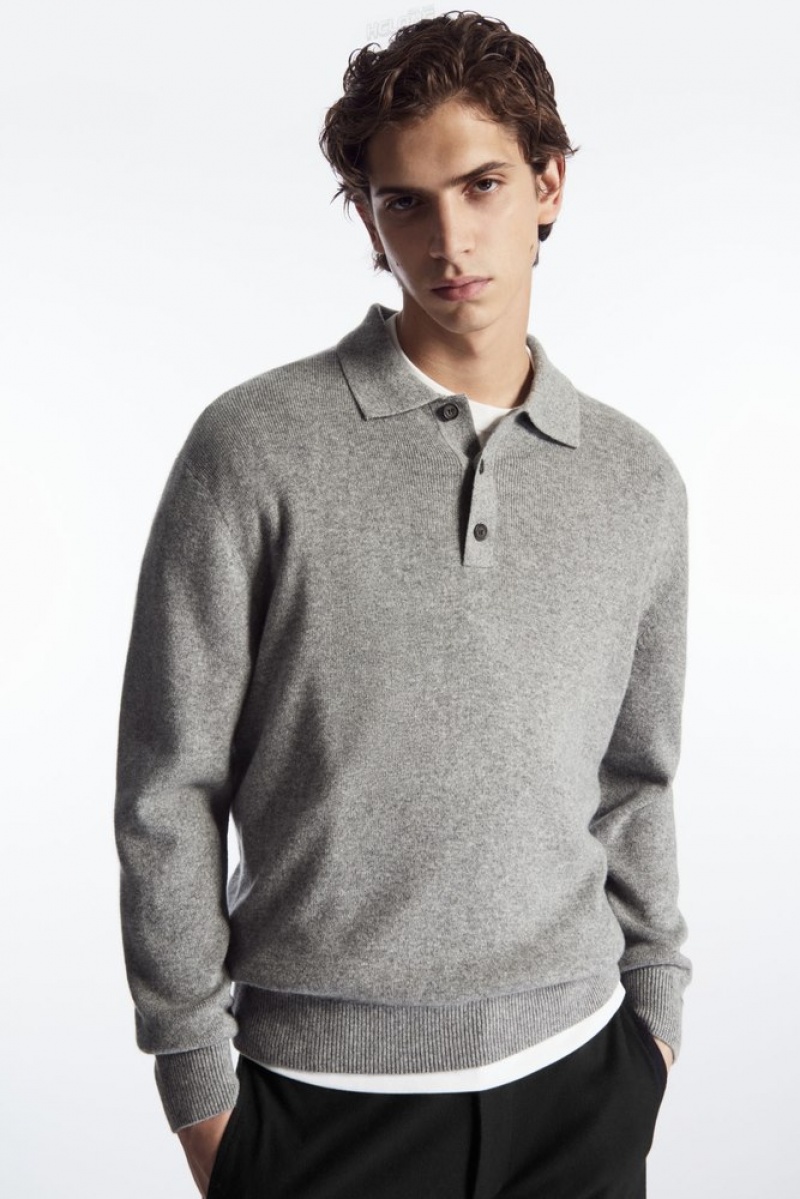 COS Pure Cashmere Polo Shirt Men's Knitwear Grey MéLange | UZ59-P2HI