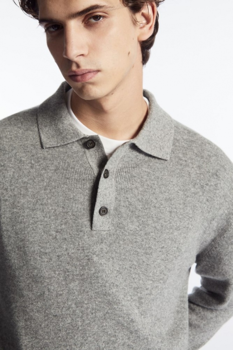 COS Pure Cashmere Polo Shirt Men's Knitwear Grey MéLange | UZ59-P2HI