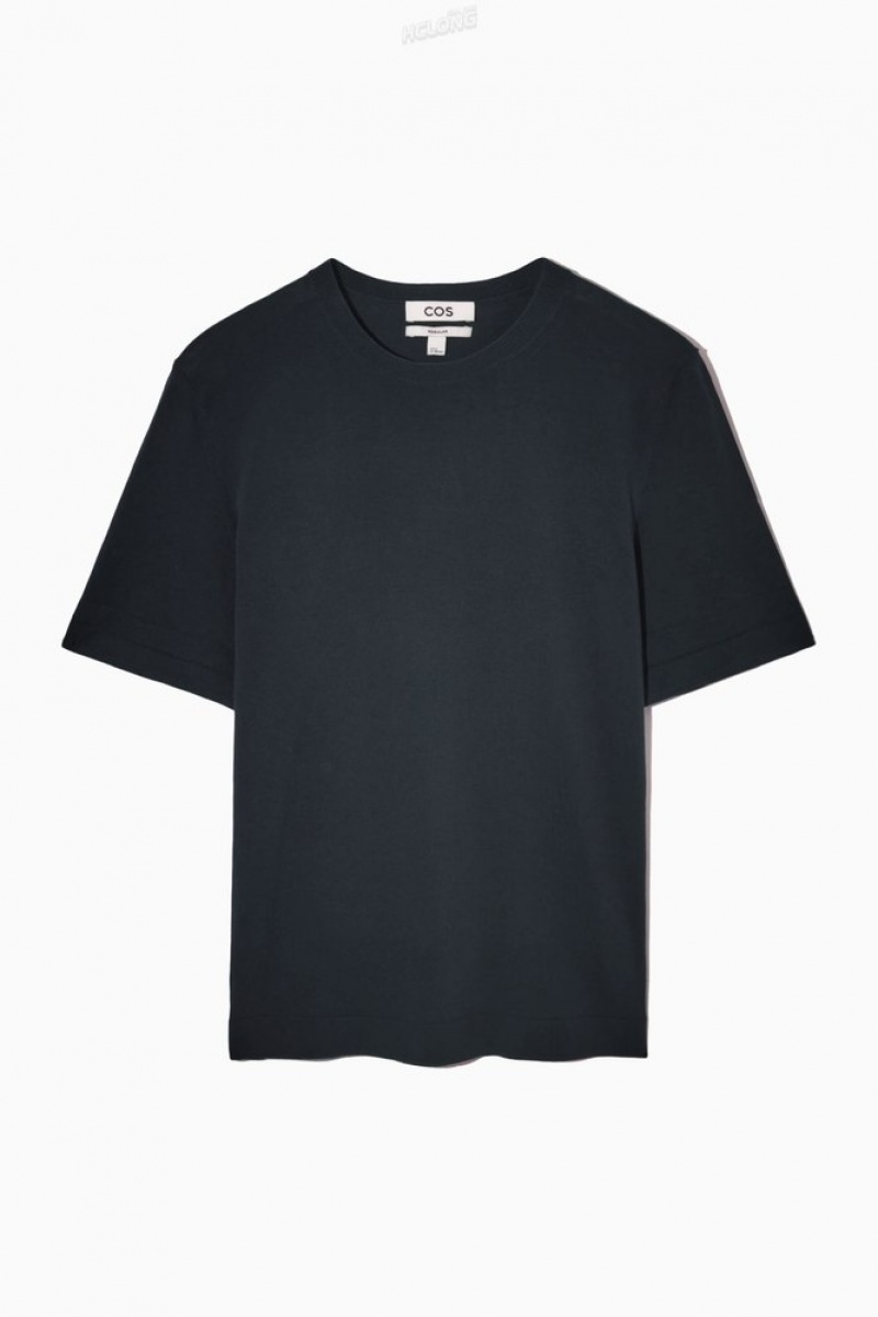 COS Regular-Fit Knitted-Cuff T-Shirt Men's T-shirts Dark Navy | IF35-Q7MH