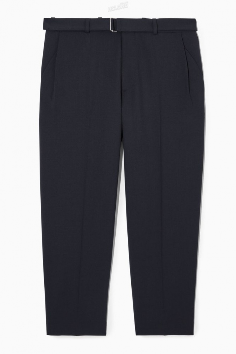 COS Relaxed Belted Wool-Blend Pants Men's Pants Navy | RY79-O9MX