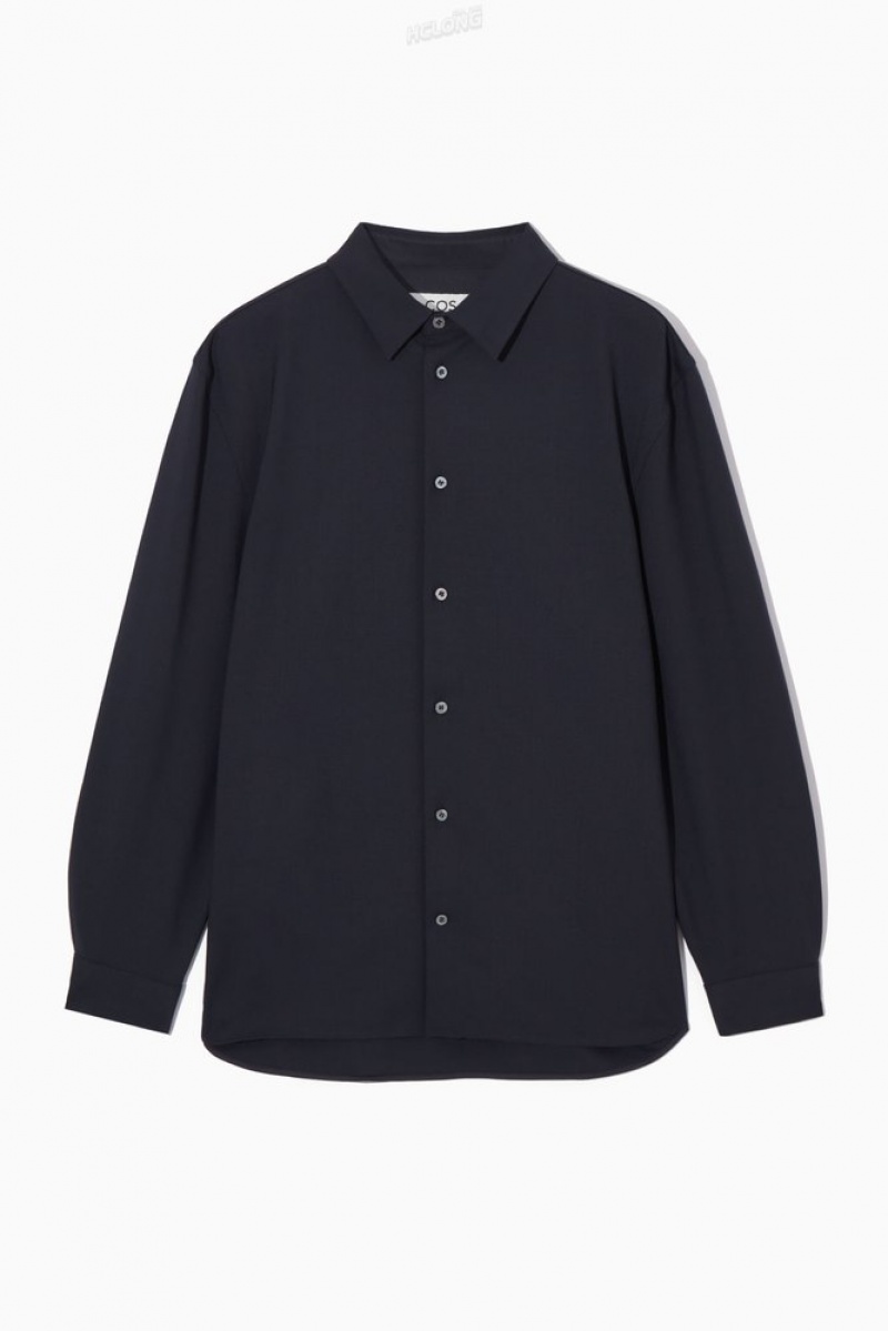 COS Relaxed Wool-Blend Shirt Men's Shirts Navy | OZ51-M0AB