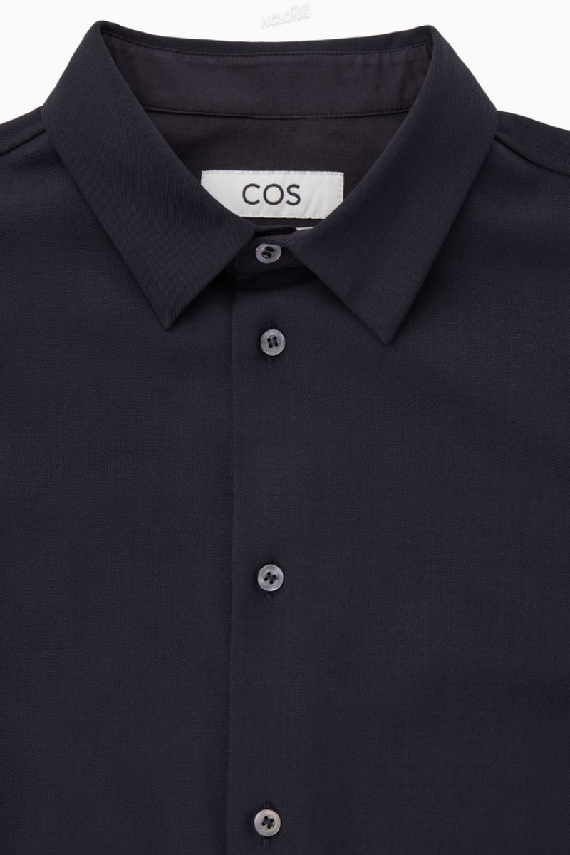 COS Relaxed Wool-Blend Shirt Men's Shirts Navy | OZ51-M0AB