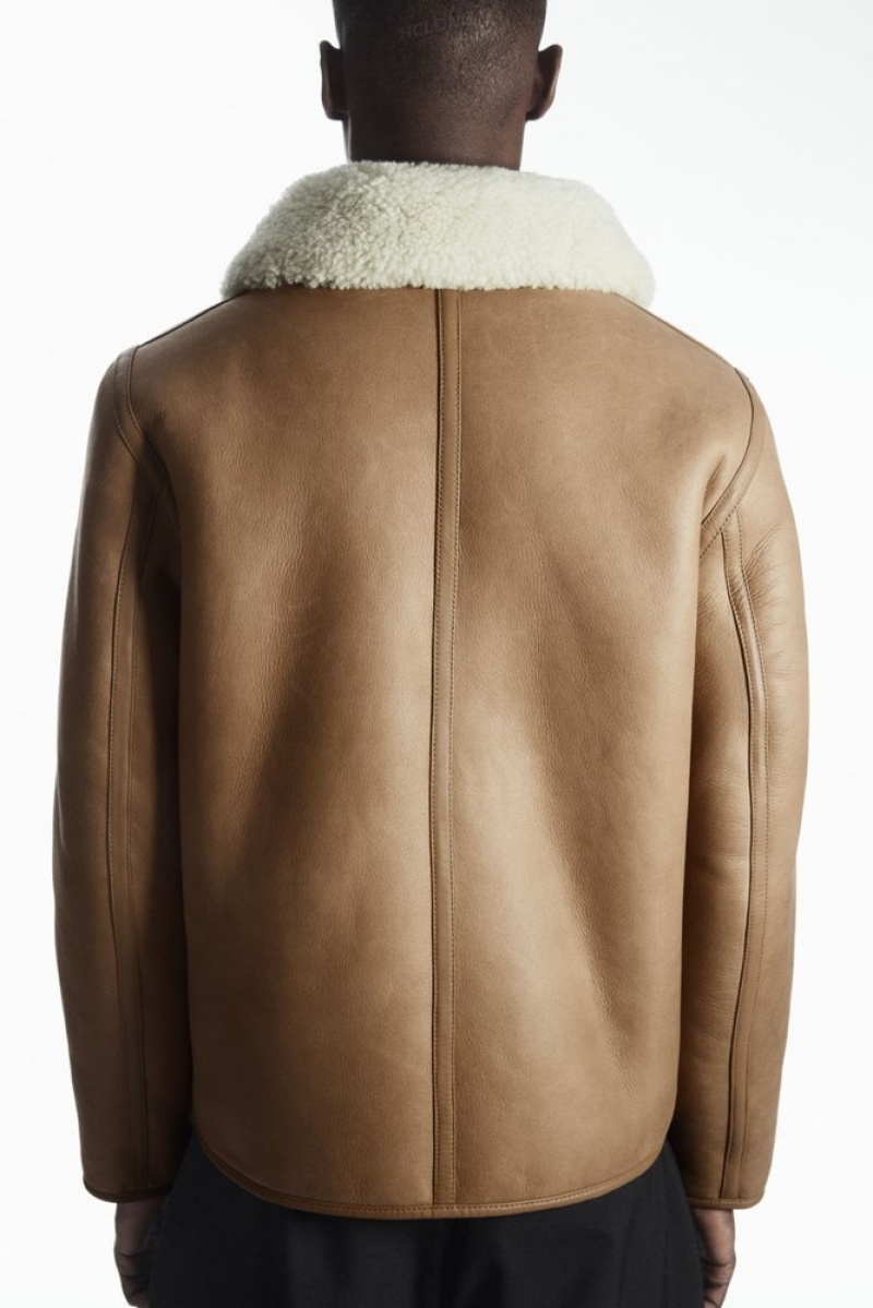 COS Reversible Shearling Jacket Men's Coats & Jackets Camel / Ecru | ED81-N7LA