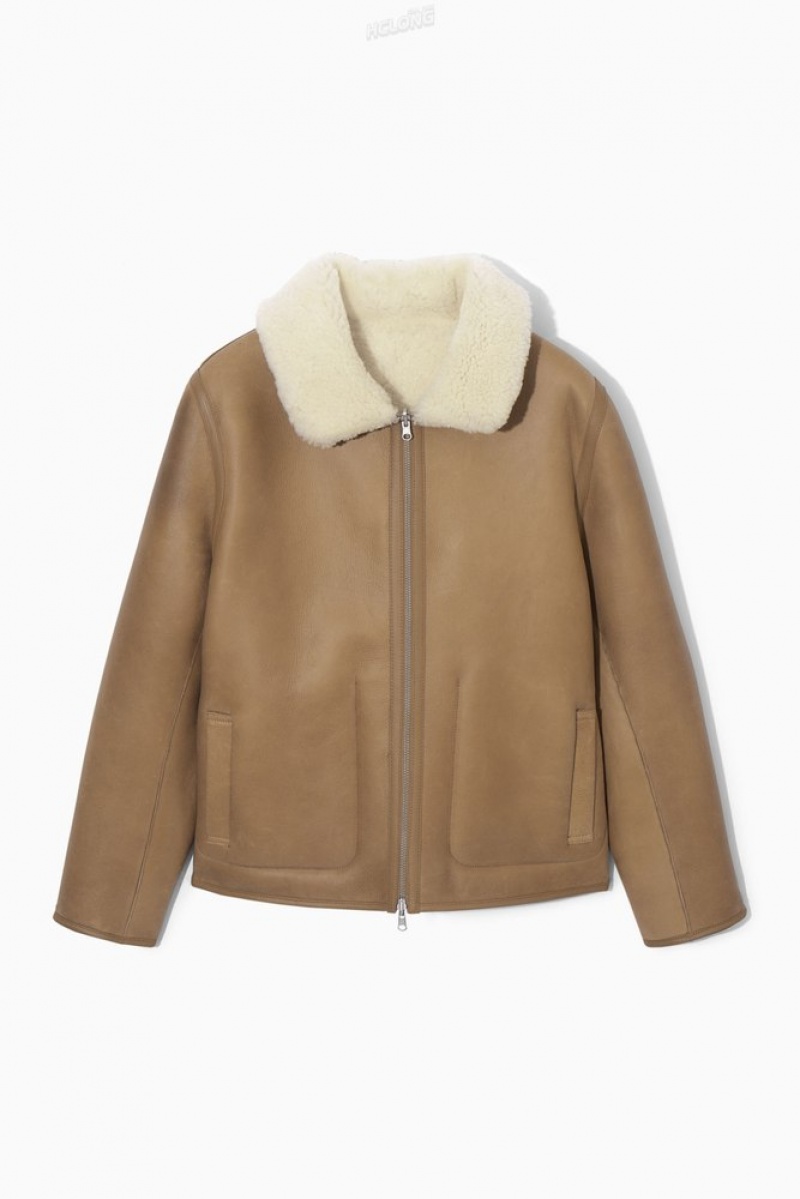 COS Reversible Shearling Jacket Men's Coats & Jackets Camel / Ecru | ED81-N7LA