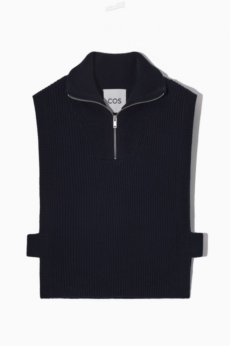 COS Ribbed-Knit Half-Zip Tank Men's Tops Navy | BO65-N8DG