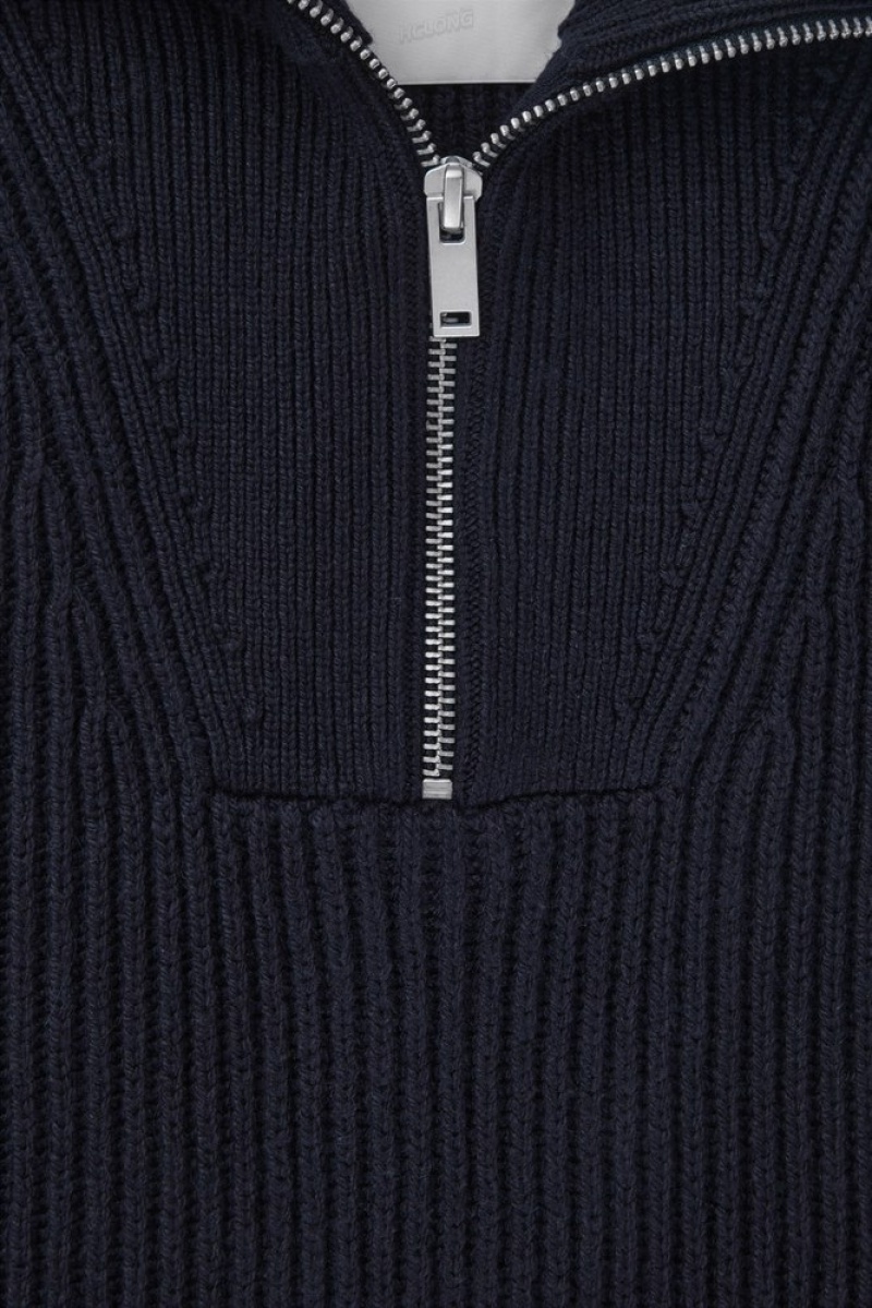 COS Ribbed-Knit Half-Zip Tank Men's Tops Navy | BO65-N8DG