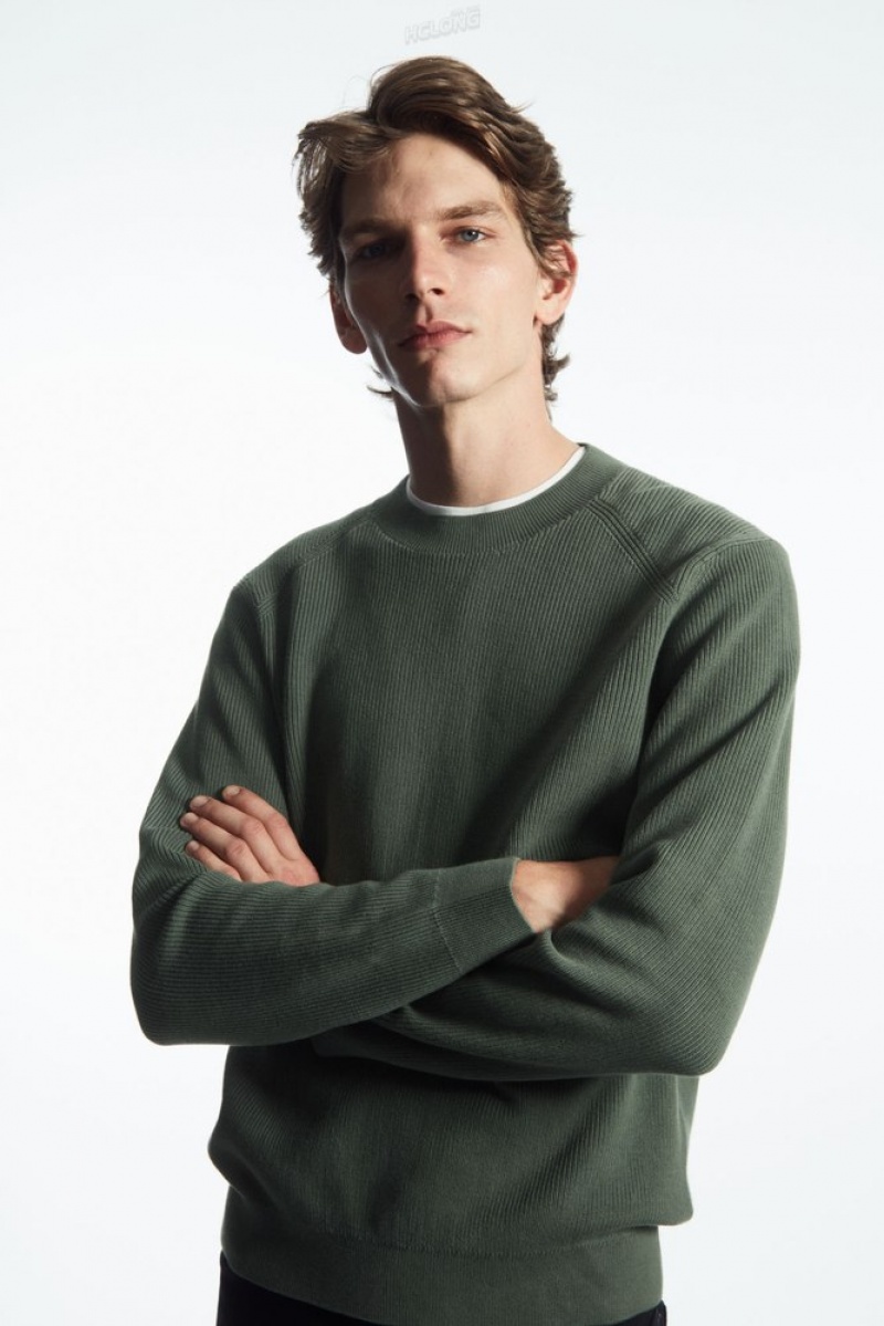 COS Ribbed-Knit Jumper Men's Knitwear Dark Green | KB96-N1JA