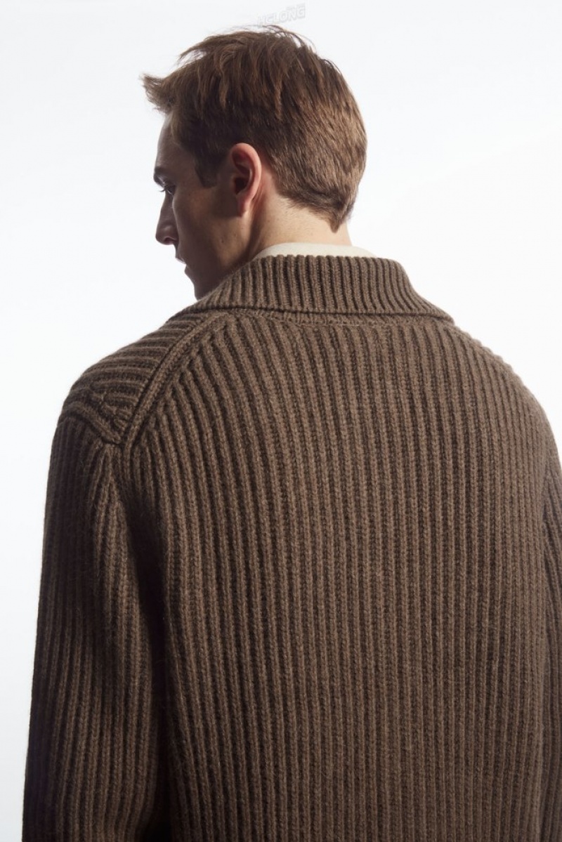 COS Ribbed Alpaca-Blend Cardigan Men's Knitwear Grey MéLange | YU53-H3QJ