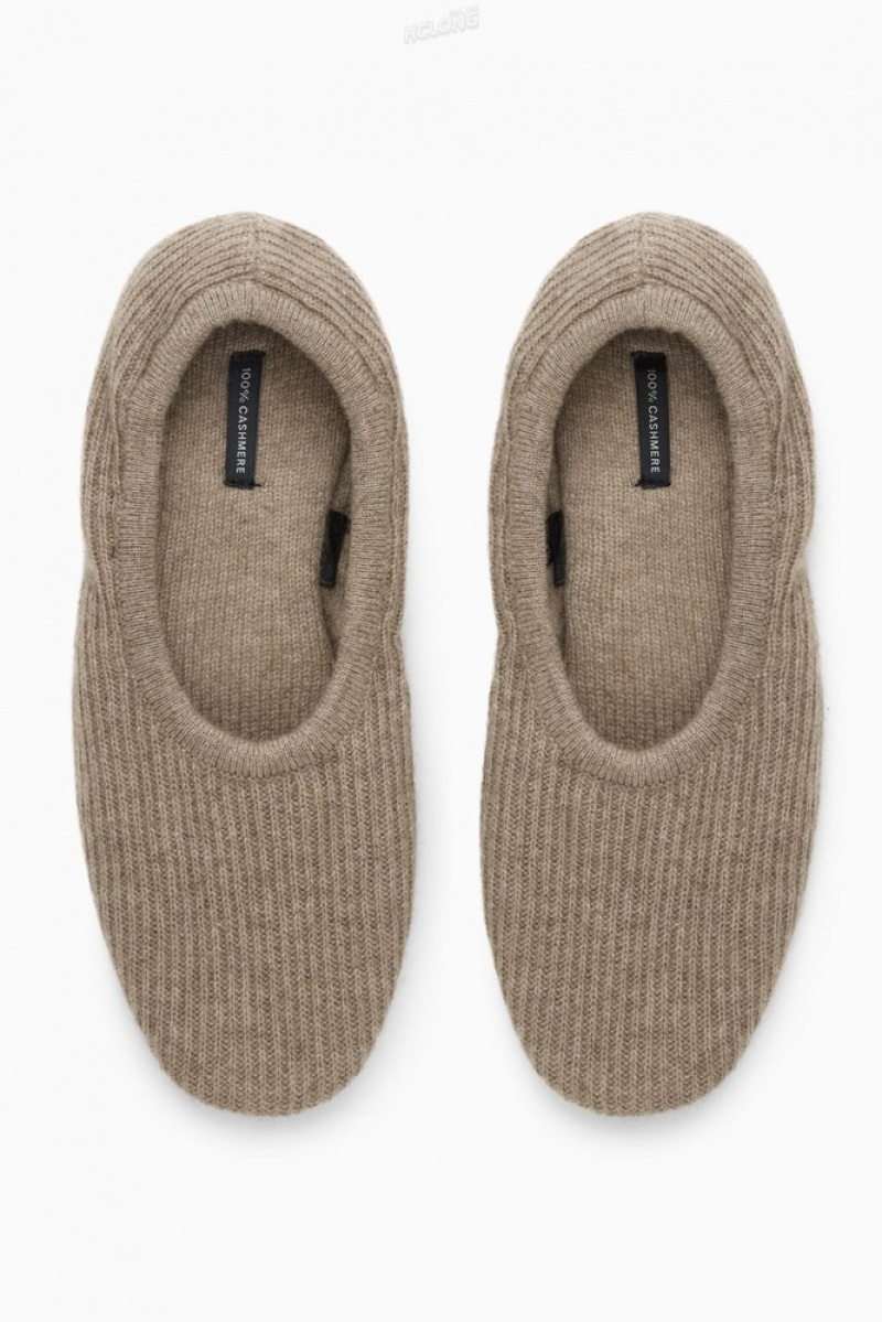 COS Ribbed Cashmere Slippers Women's Slippers Beige | PB00-E7JO