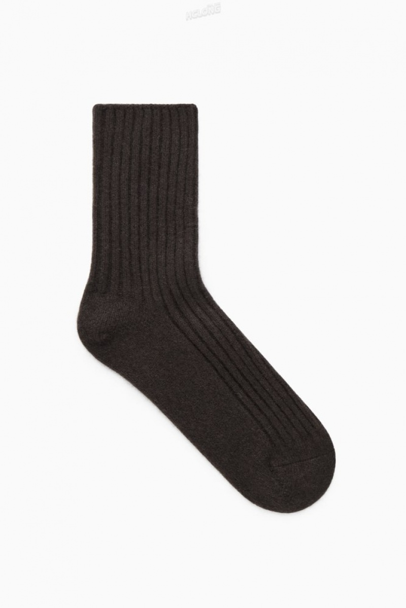 COS Ribbed Cashmere Socks Women's Socks Dark Brown | YC30-M6BV