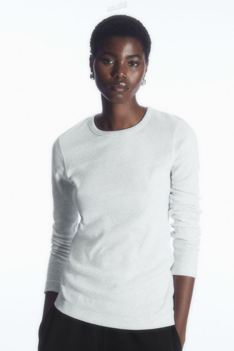 COS Ribbed Jersey Long-Sleeved Top Women's Tops Grey | QM50-U5NQ