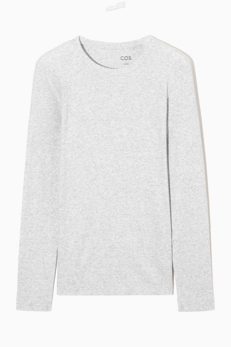 COS Ribbed Jersey Long-Sleeved Top Women's Tops Grey | QM50-U5NQ