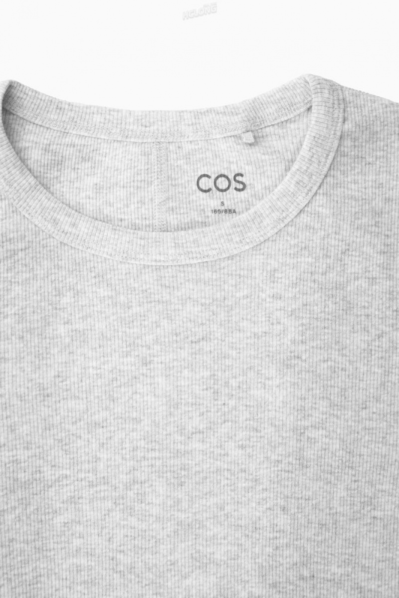 COS Ribbed Jersey Long-Sleeved Top Women's Tops Grey | QM50-U5NQ