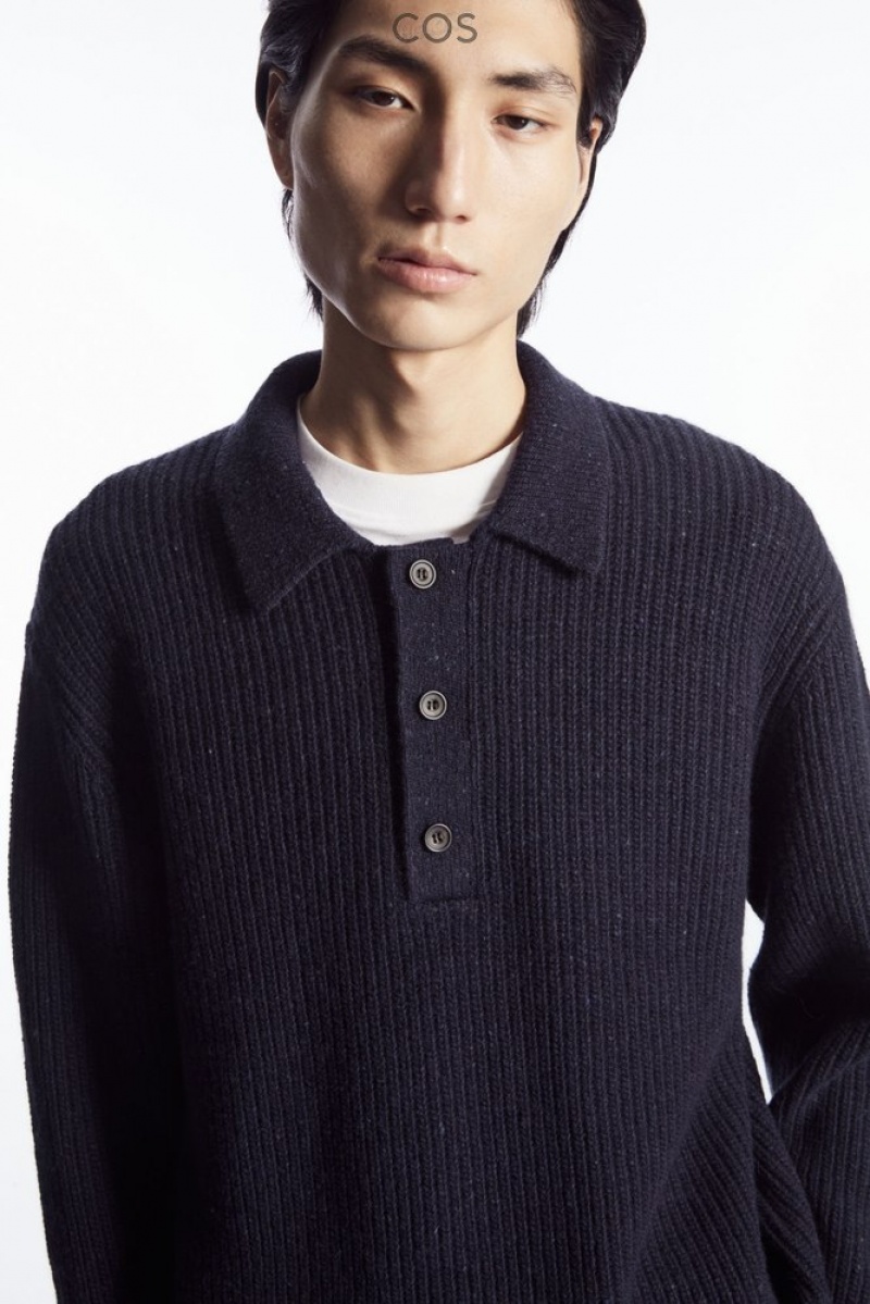 COS Ribbed Wool And Cashmere-Blend Polo Shirt Men's Knitwear Navy | IO15-D5DG