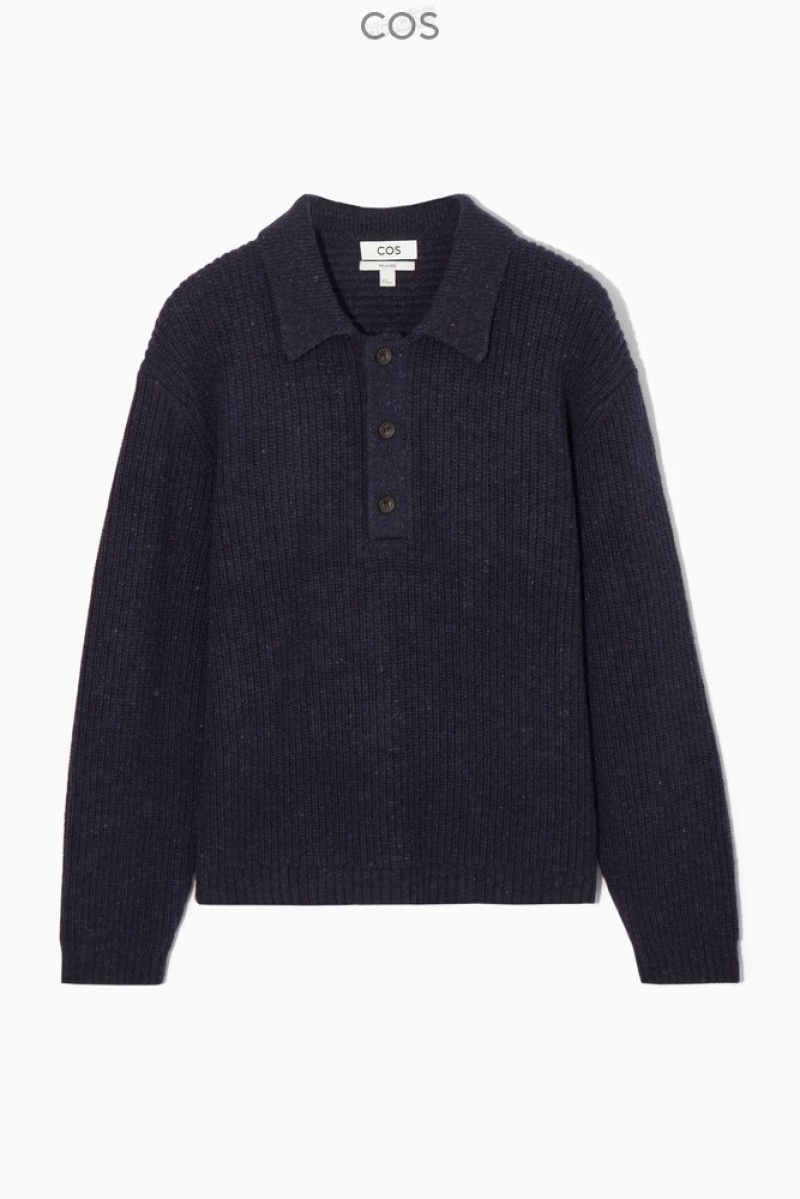 COS Ribbed Wool And Cashmere-Blend Polo Shirt Men's Knitwear Navy | IO15-D5DG