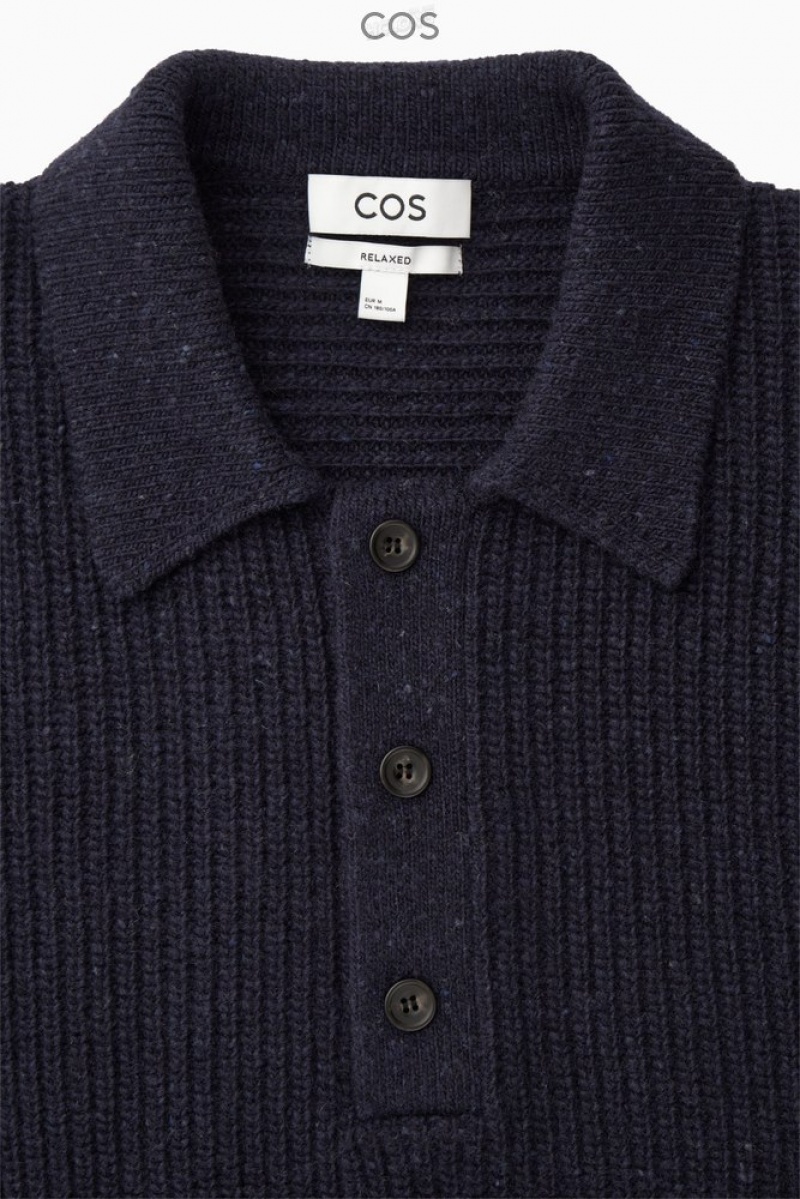 COS Ribbed Wool And Cashmere-Blend Polo Shirt Men's Knitwear Navy | IO15-D5DG