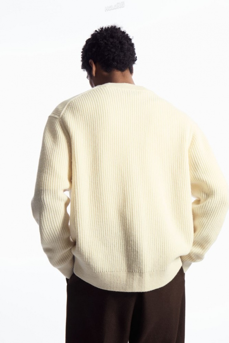 COS Ribbed Wool And Cashmere Cardigan Men's Knitwear Cream | OB27-X9HX