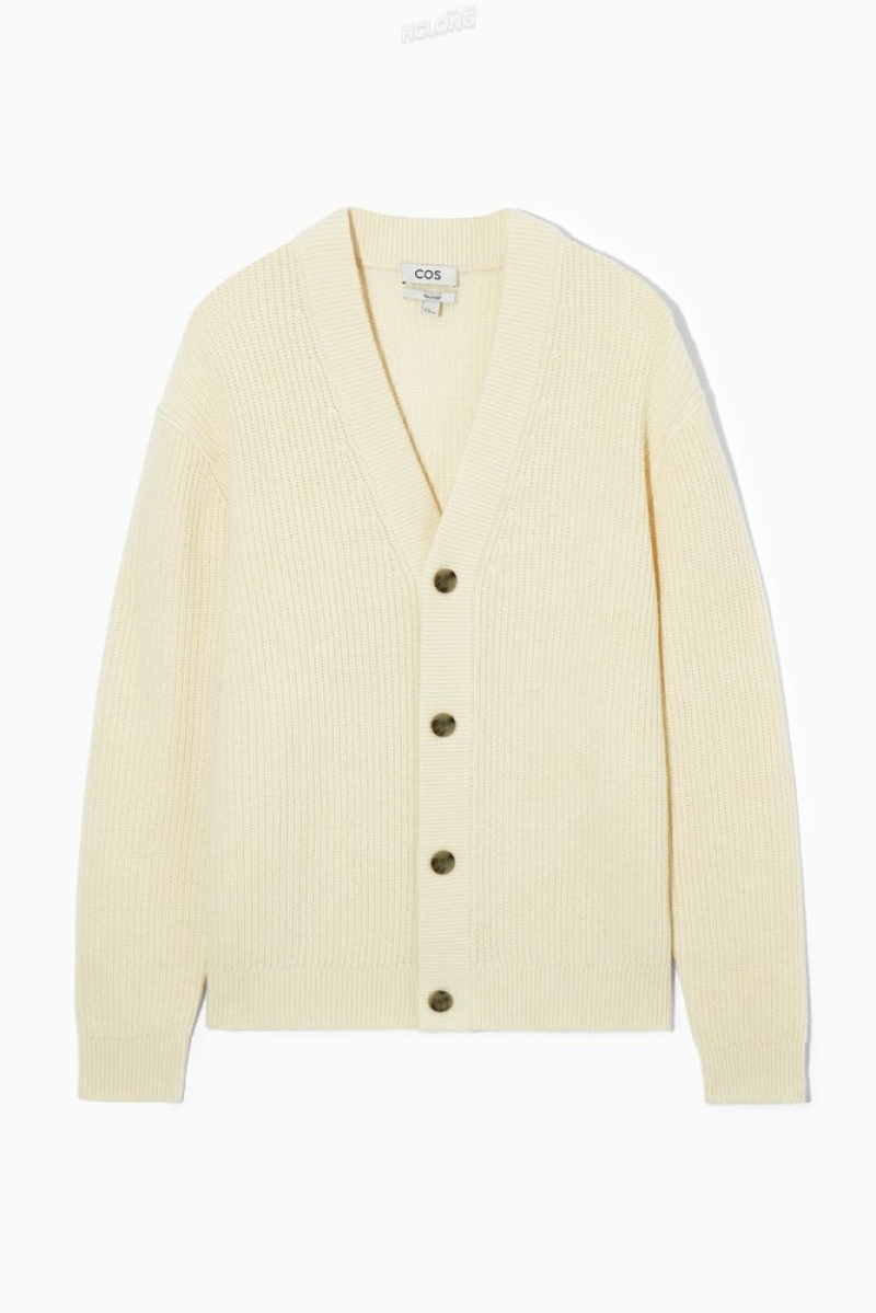 COS Ribbed Wool And Cashmere Cardigan Men's Knitwear Cream | OB27-X9HX