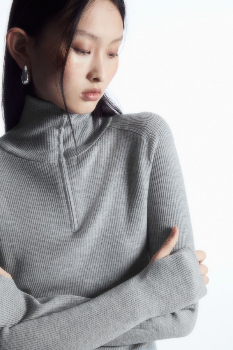 COS Ribbed Wool Half-Zip Top Women's Sweaters & Cardigans Light Gray MéLange | LN19-E0UJ