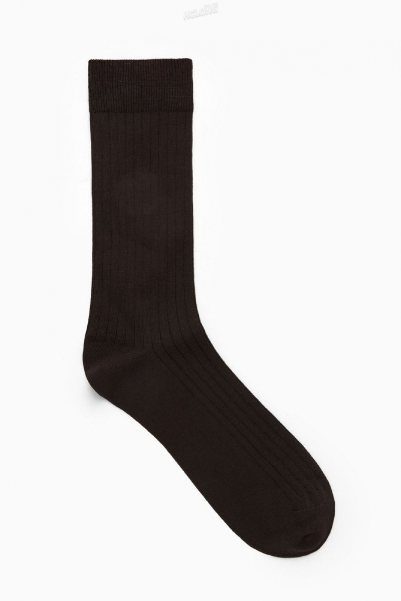 COS Ribbed Wool Socks Men's Socks Dark Brown | BT69-J4WN