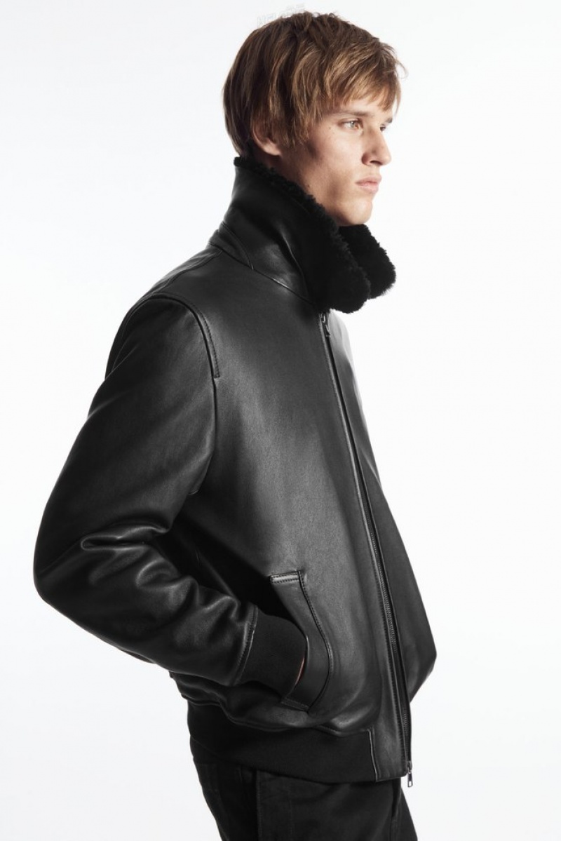 COS Shearling-Trimmed Leather Bomber Jacket Men's Coats & Jackets Black | UJ96-N1DC