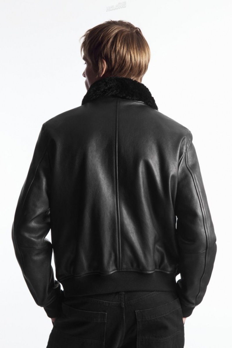 COS Shearling-Trimmed Leather Bomber Jacket Men's Coats & Jackets Black | UJ96-N1DC