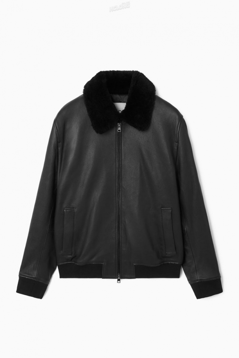 COS Shearling-Trimmed Leather Bomber Jacket Men's Coats & Jackets Black | UJ96-N1DC