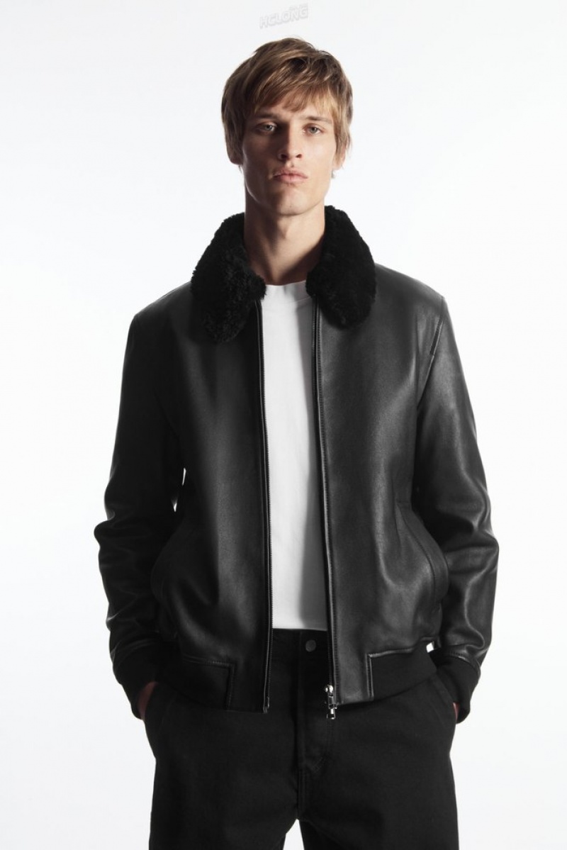 COS Shearling-Trimmed Leather Bomber Jacket Men\'s Coats & Jackets Black | UJ96-N1DC