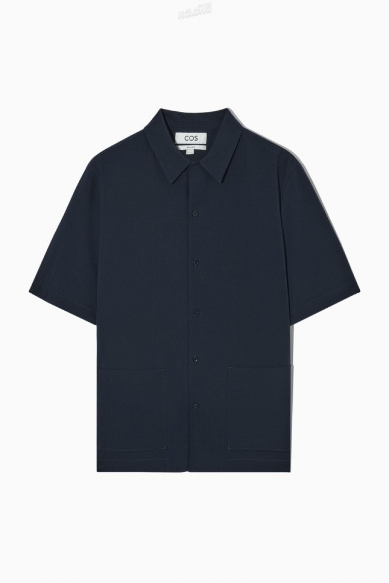 COS Short-Sleeved Cotton-Seersucker Shirt Men's Shirts Navy | XD12-Q2YT