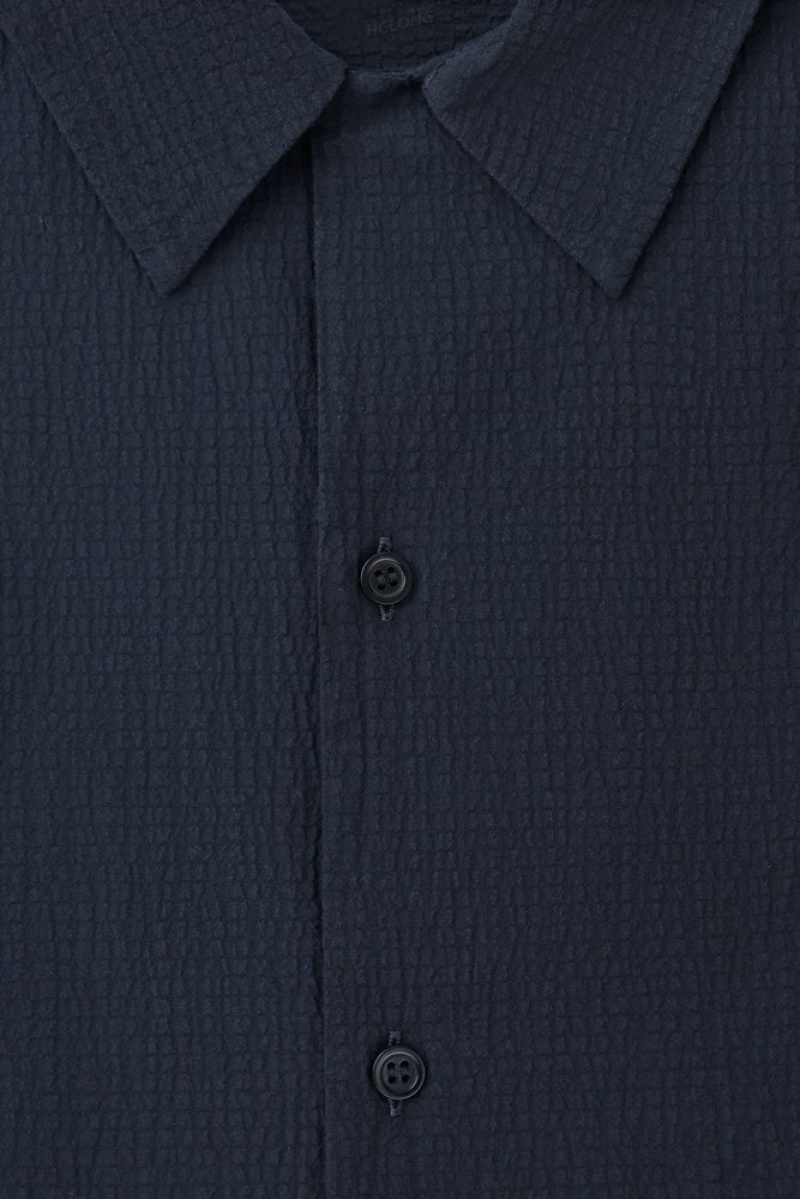 COS Short-Sleeved Cotton-Seersucker Shirt Men's Shirts Navy | XD12-Q2YT