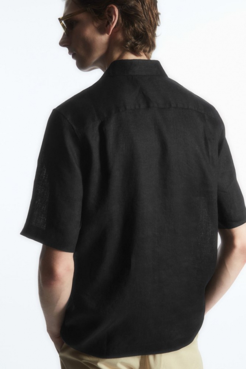 COS Short-Sleeved Linen Shirt Men's Shirts Black | LF39-X3WL