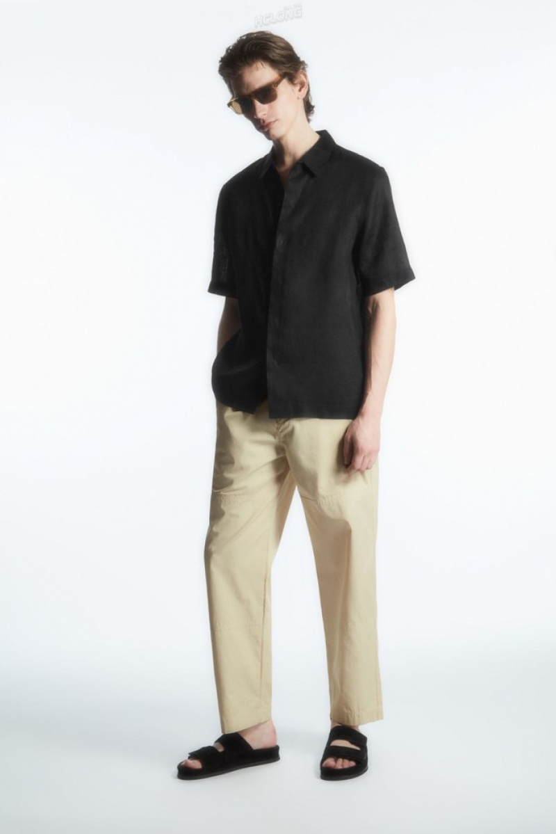 COS Short-Sleeved Linen Shirt Men's Shirts Black | LF39-X3WL